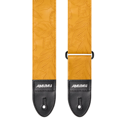 AMUMU Embossed Leaf Yellow Guitar Strap β Yellow Vegan Leather with Double-Layer Vegan Leather Ends VG01EB-YL-V